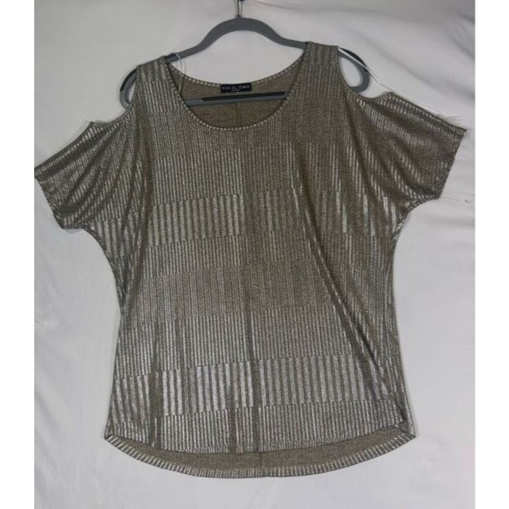 Kim & Cami Womens M Gold Silver Metallic Cold Shoulder Ribbed Top Draped USA